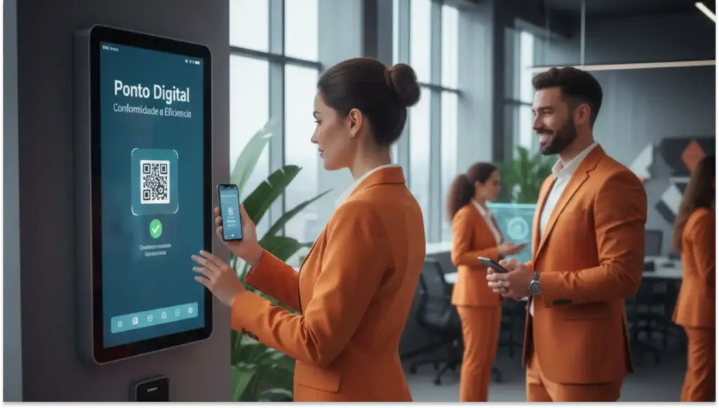 Pessoas usando um ponto digital para realizar transações ou acesso com um smartphone em um ambiente corporativo moderno e bem iluminado.