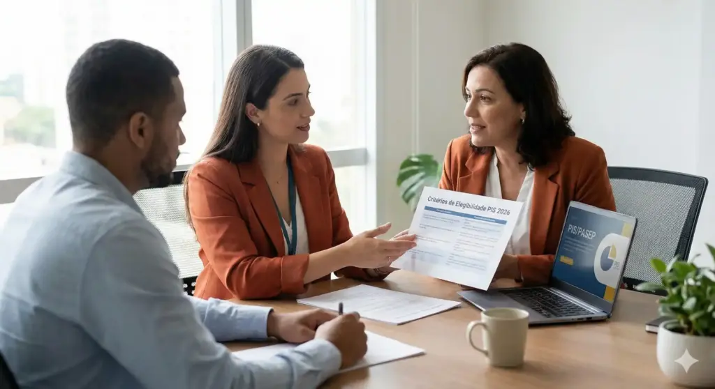 Reunião explicando como consultar o PIS 2026, com apresentação de documentos e computador na mesa.