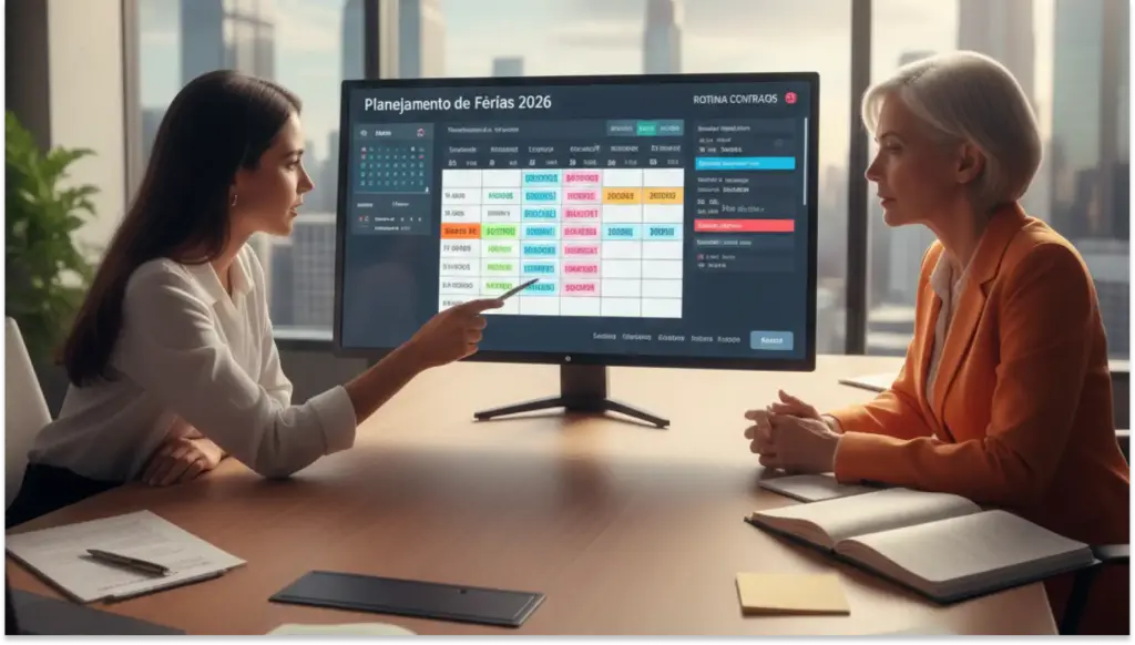 Duas mulheres em reunião de planejamento de férias 2026, discutindo agenda de viagens e datas importantes em uma conferência de negócios.