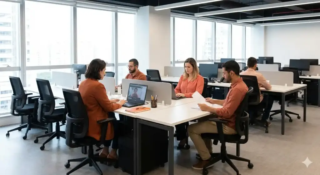 Reunião de equipe em ambiente de escritório moderno, abordando regras e funcionamento do ponto facultativo nas empresas.