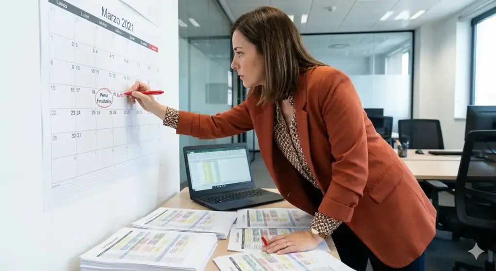 Mulher organizando calendário de março de 2021 em uma reunião de trabalho, explicando sobre pontos facultativos nas empresas.
