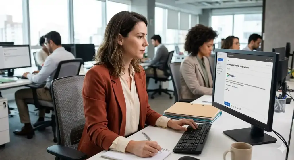 Profissional de escritório analisando informações sobre ponto facultativo no computador, em ambiente corporativo de grande escritório, com colegas ao fundo.