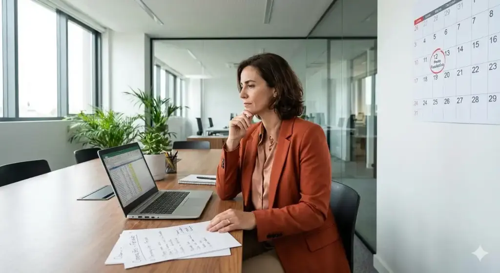 Mulher de terno laranja pensando enquanto trabalha em escritório, com calendário na parede e laptop aberto, sobre ponto facultativo, regras e diferenças nas empresas