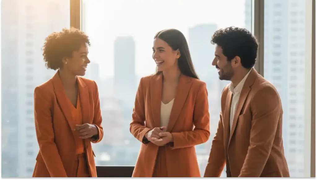 Reunião de equipe moderna sobre Gestão de tempo em escritório com vista para a cidade, pessoas de terno executando trabalho colaborativo com laptops e tablets, iluminação natural.