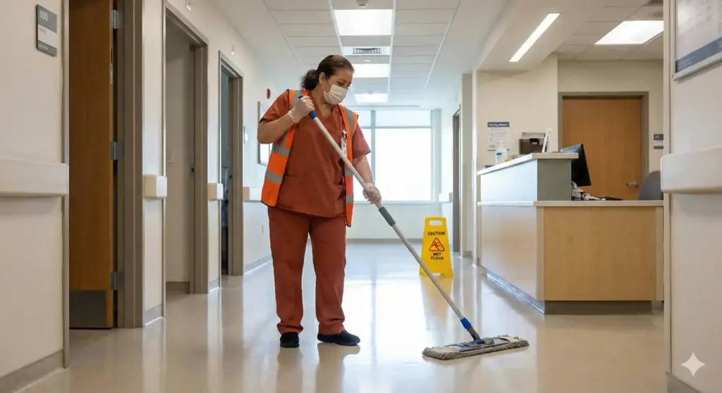 Profissional de limpeza trabalhado em um hospital realiza limpeza durante feriado, refletindo as regras de trabalho aos feriados na CLT e mudanças previstas para 2026.