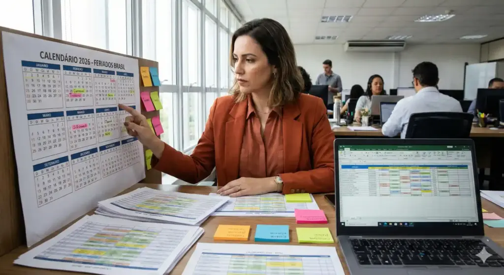 Foto realista de uma profissional de RH vestida com roupa de escritório em tons de laranja, organizando cronogramas de feriados e turnos de trabalho no escritório brasileiro com um calendário grande na parede, laptop aberto com planilha de escala de funcionários, ambiente moderno com iluminação natural e foco na gestão de recursos humanos.