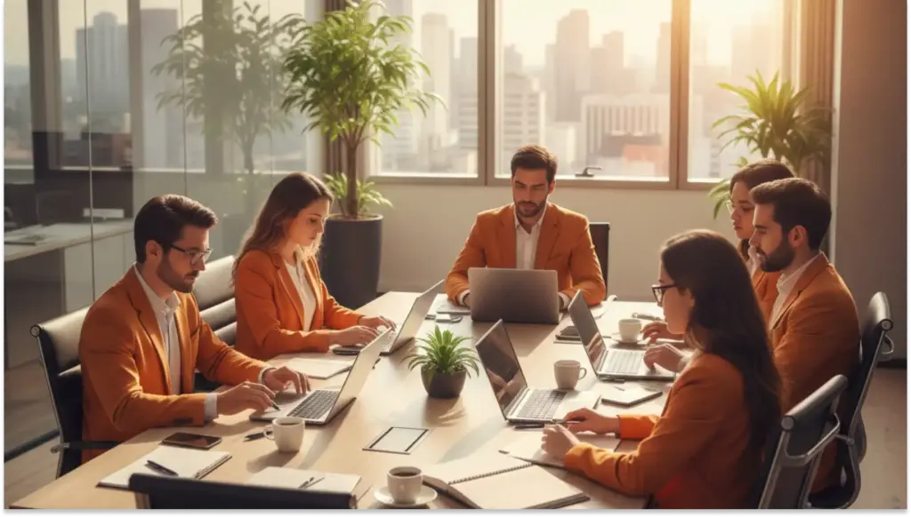 Reunião de equipe moderna sobre Gestão de tempo em escritório com vista para a cidade, pessoas de terno executando trabalho colaborativo com laptops e tablets, iluminação natural.