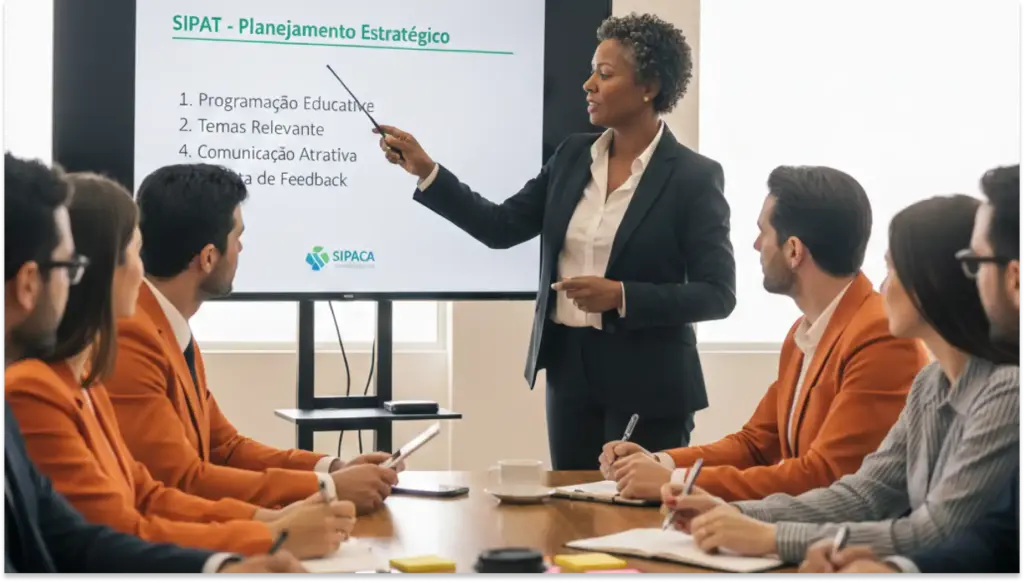 Reunião de equipe com apresentação sobre SIPAT - Planejamento Estratégico, incluindo tópicos como Programação Educativa, Temas Relevantes e Comunicação Atraente.