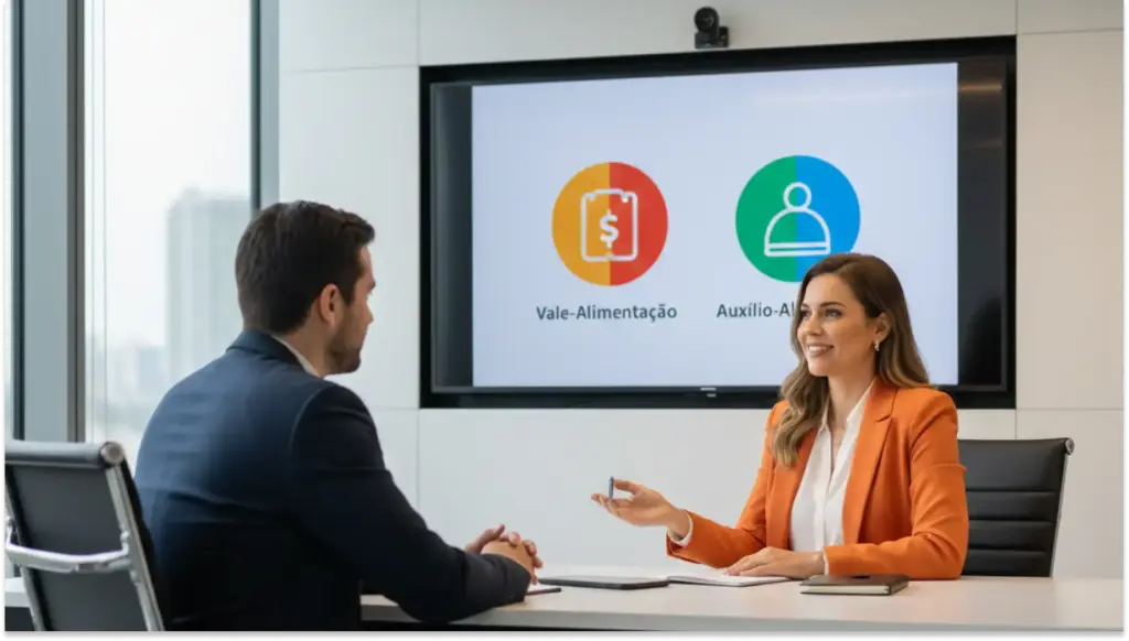 Entrevista de negócio entre um homem e uma mulher em uma reunião corporativa, apresentando tópicos de Vale-Alimentação e Auxílio-Alimentação em tela