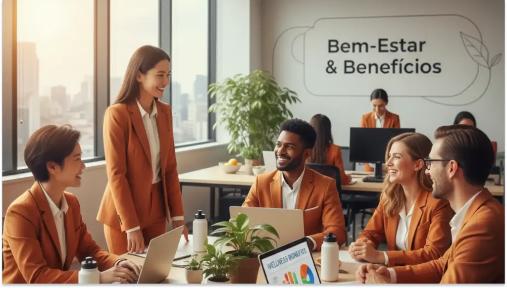 Grupo de profissionais participando de reunião sobre bem-estar e benefícios na empresa, promovendo um ambiente de trabalho saudável e colaborativo.