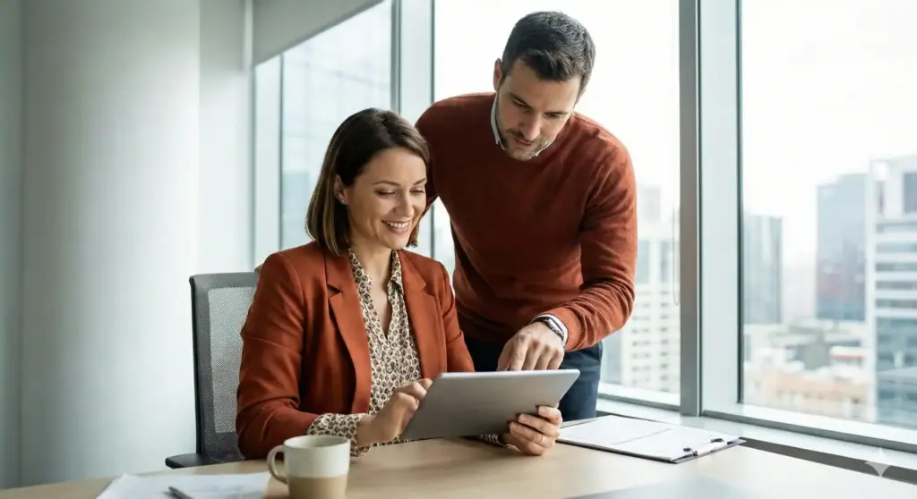 Executivos analisando dados sobre o salário mínimo de 2026, impacto no INSS e mudanças na legislação em uma reunião empresarial.