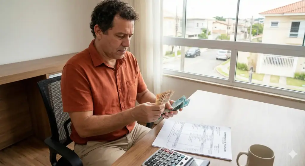 Homem analisando dinheiro e documentos em mesa, refletindo sobre o salário mínimo 2026, impactos no INSS e mudanças de valor.