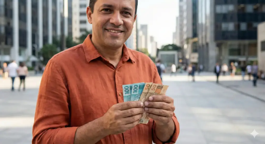 Homem sorridente segurando dinheiro com destaque para o valor do salário mínimo 2026, impacto no INSS e mudanças na economia brasileira.