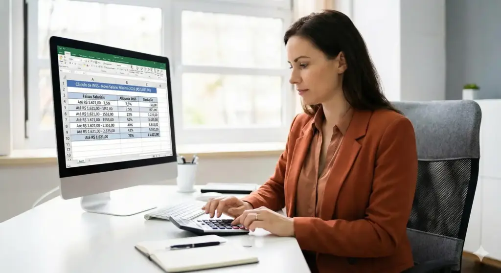 Mulher analisa cálculo do salário mínimo 2026 em planilha do Excel, discutindo valor, impactos no INSS e mudanças na legislação.