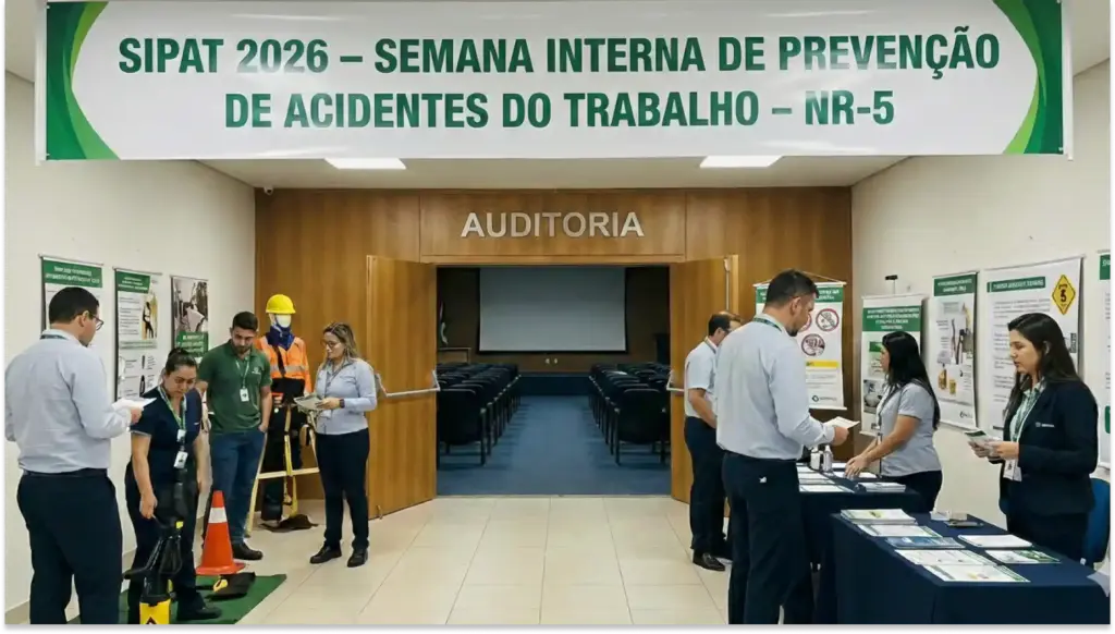 Participantes na Semana Interna de Prevenção de Acidentes do Trabalho na sala de auditório, destacando a importância da segurança no ambiente de trabalho, promovendo conscientização sobre prevenção de acidentes.