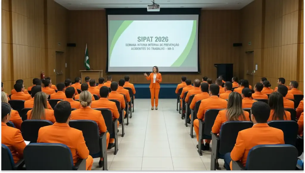 Palestra durante a Semana Interna de Prevenção de Acidentes do Trabalho (SIPAT 2026) com uma palestrante em um auditório cheio de participantes usando uniformes laranja.