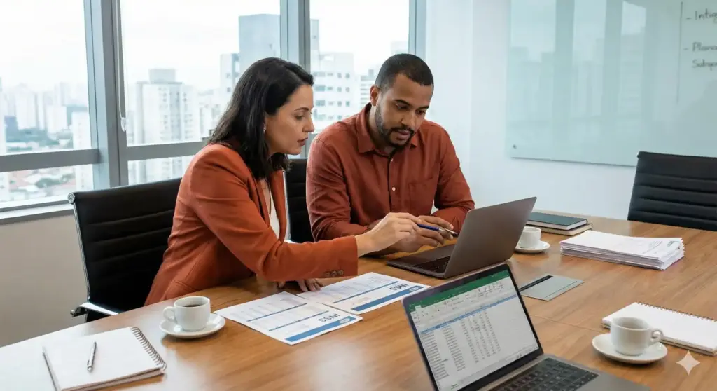 Profissionais analisando a tabela do INSS 2026 com valores, faixas e cálculos em uma reunião de negócios.