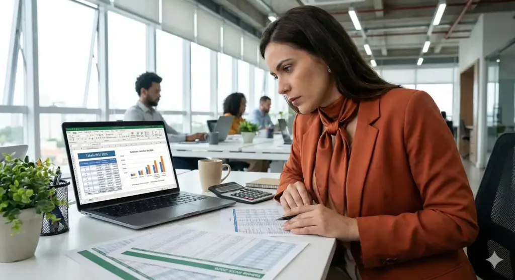 Pessoa analisando a Tabela do INSS 2026 em uma planilha de computador, com gráficos de valores, faixas e exemplos de cálculo, em escritório moderno.