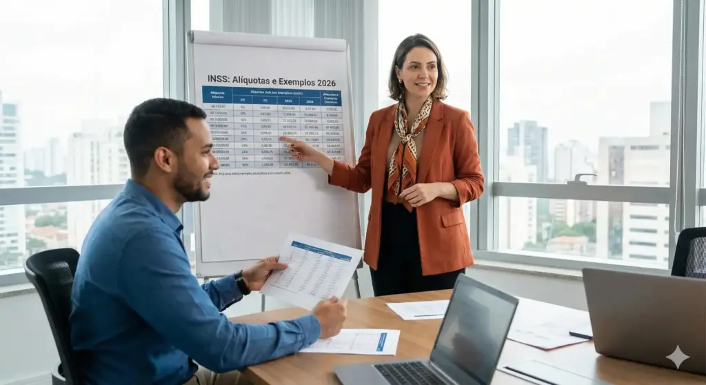 Professora explicando a Tabela do INSS 2026 com valores, faixas e exemplos em uma apresentação em um escritório moderno, com dois colegas de trabalho.