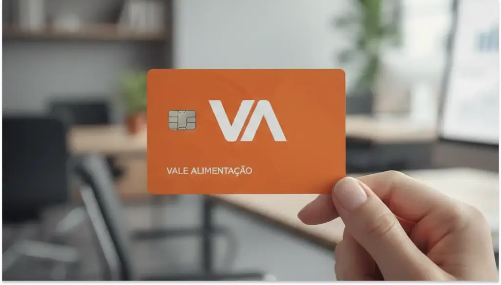 Pessoa segurando um cartão de vale alimentação na frente de um escritório moderno, destacando a importância do benefício para vale-alimentação e bem-estar.