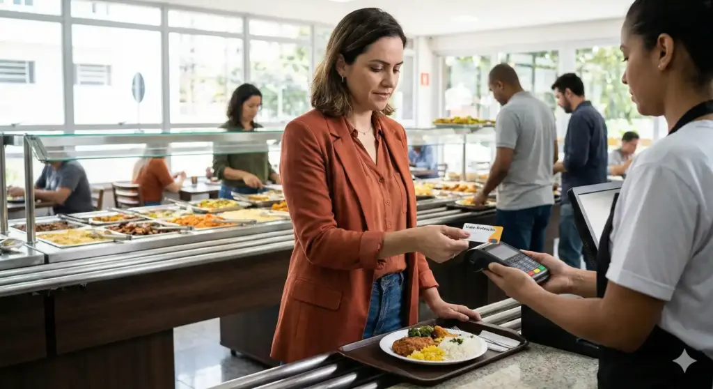 Mulher utilizando cartão de vale-refeição para pagar uma refeição em restaurante com buffet, enquanto funcionária registra a transação, em ambiente de restaurante