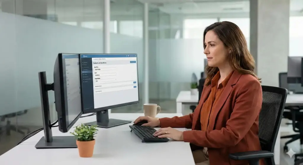 Mulher usando computador em um escritório, destacando o tema vale-refeição, regras, valor e como funciona para CLT, com foco em explicações e gestão.