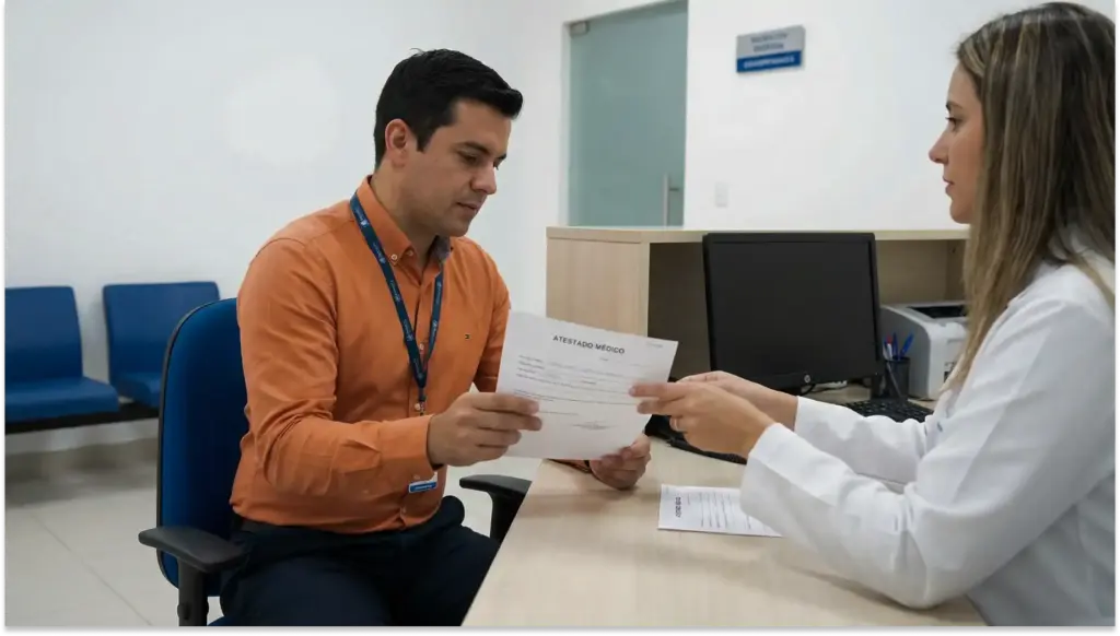 Paciente recebendo atendimento médico para emissão de atestado no consultório com profissional de saúde entregando documento ao paciente.