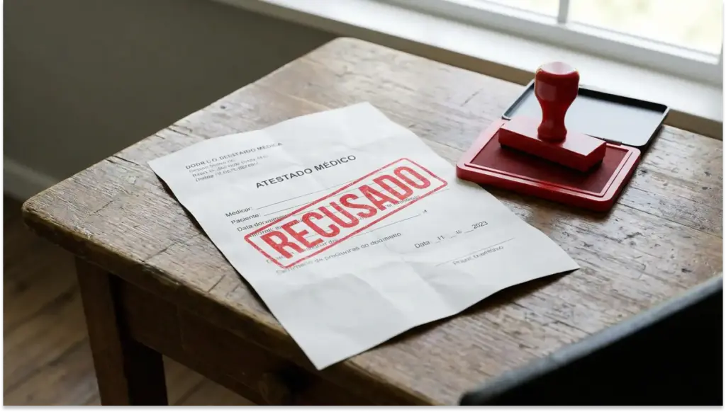 Atestado médico com marca de 'Rejeitado' em destaque, décifice para processos administrativos ou medicina do trabalho, colocado sobre mesa de madeira.