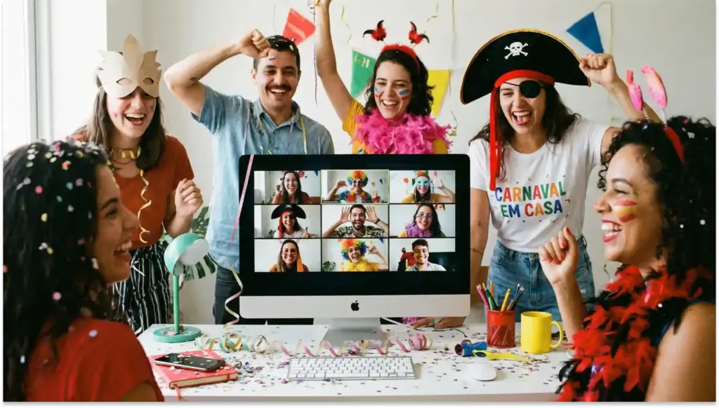 Grupo de amigos celebrando Carnaval em casa, com fantasias coloridas e decorações festivas, participando de uma confraternização animada.