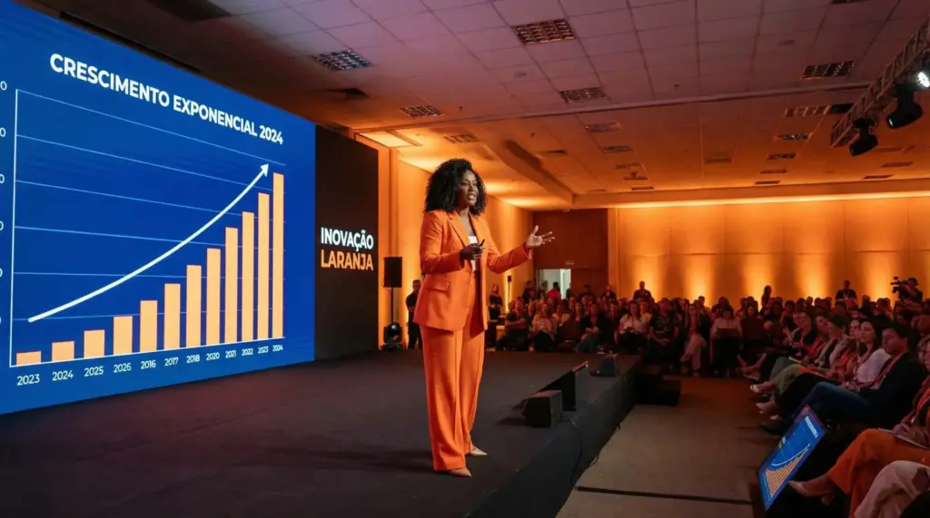 Mulher de terno laranja apresentando gráfico de crescimento exponencial na conferência sobre inovação em 2024, com público atento na sala.