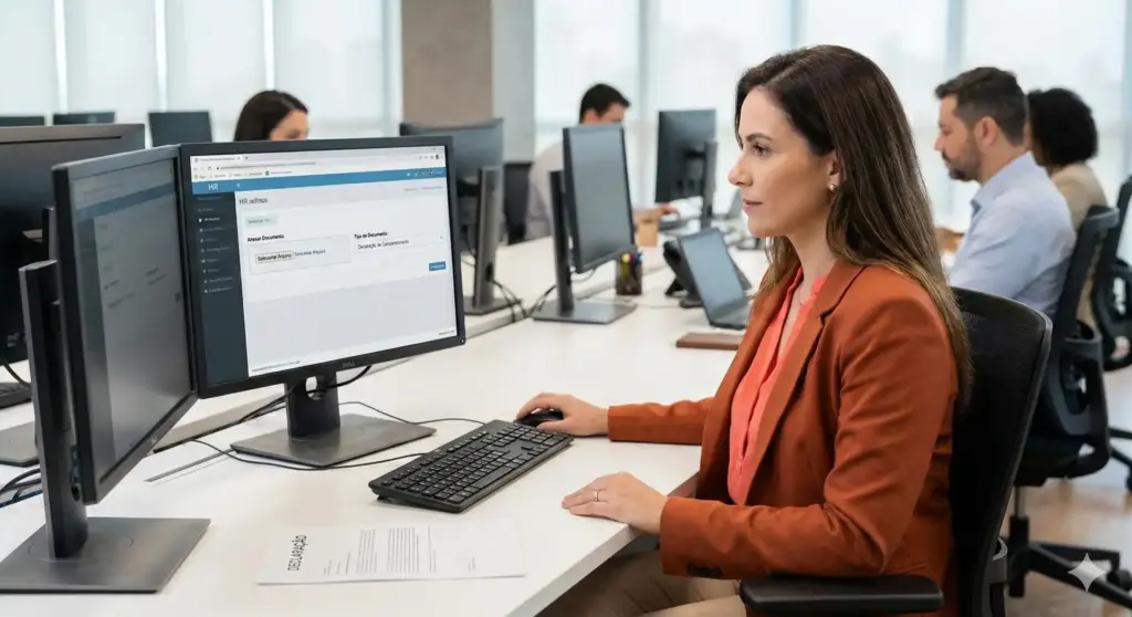 Mulher realizando declaração de comparecimento em escritório, com vários computadores e outros profissionais ao fundo, no contexto de leis e exemplos.