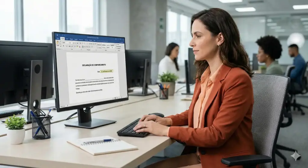 Mulher acompanhando uma declaração de comparecimento em um computador de escritório com colegas ao fundo, em ambiente corporativo.