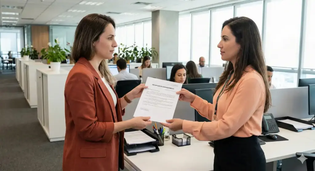 Duas mulheres trocando uma declaração de comparecimento no ambiente de trabalho, com outros colegas ao fundo em escritório moderno.