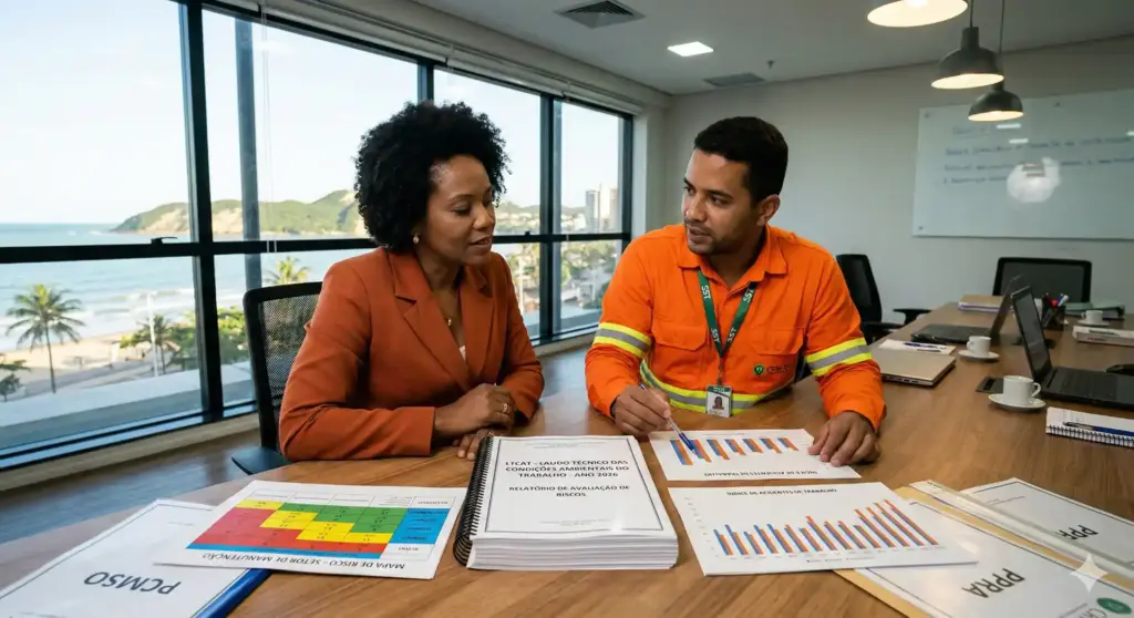 Duas pessoas discutindo documentos importantes em uma reunião de trabalho, com foco em LTCAT, que é essencial para a análise de riscos ocupacionais e segurança do trabalho.
