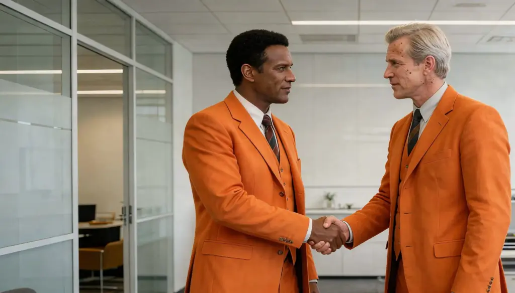 Cena de dois homens de terno laranja apertando as mãos em um ambiente de escritório moderno, simbolizando sucessão de liderança.