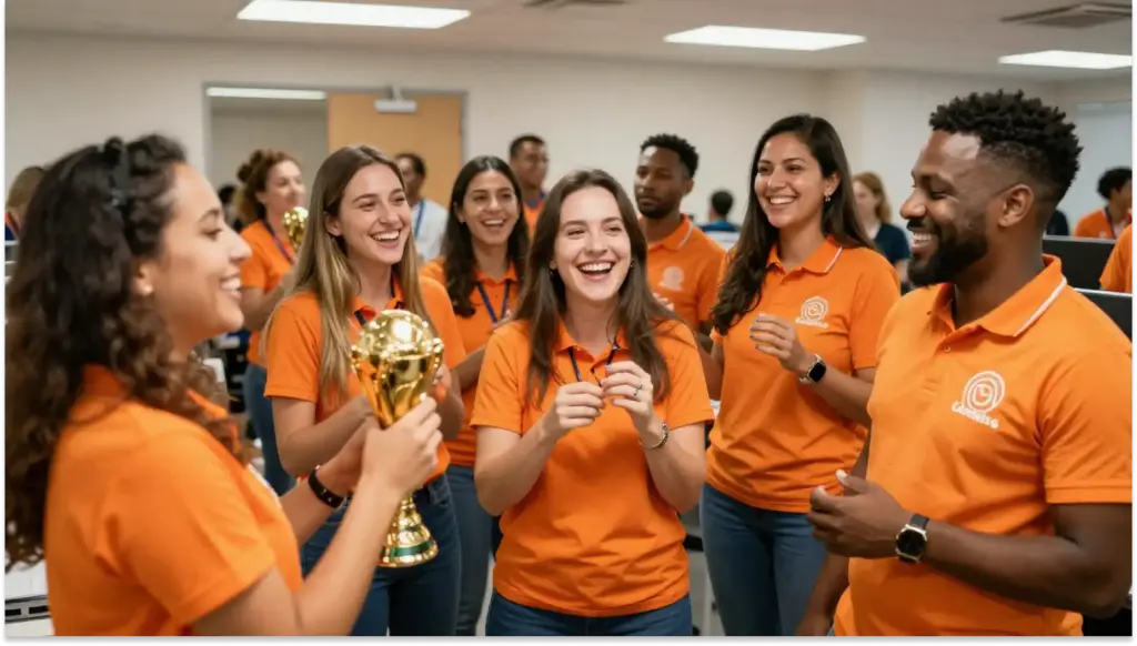 Equipe de pessoas sorrindo e comemorando com troféu em ambiente de escritório, vestindo uniformes laranja, celebrando vitória ou conquista.