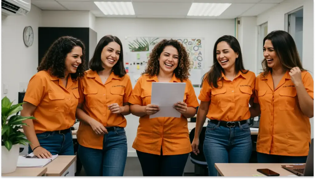 Equipe feminina no dia das mulheres de trabalho em escritório, todas usando uniforme laranja, sorrindo e discutindo um documento importante, ambiente de negócios profissional