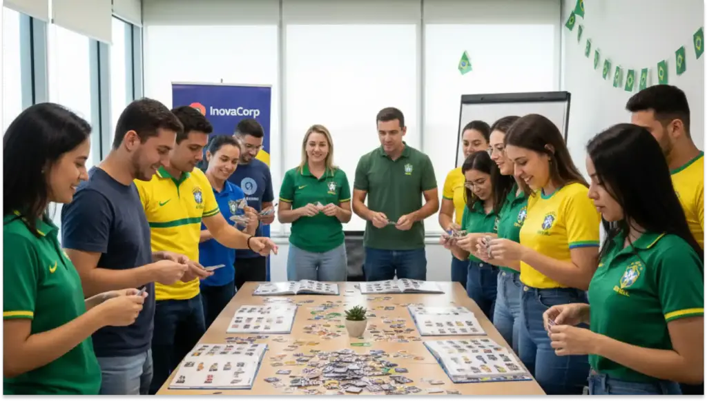 Equipe de colaboradores em reunião de trabalho. Pessoas interagindo e planejando na sala de reuniões com materiais e mapas espalhados na mesa. Ambiente corporativo profissional com clima de colaboração.