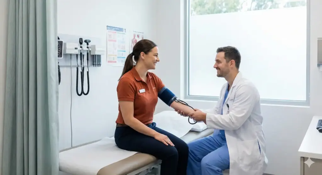 Médico realiza exame de aferição de pressão arterial em paciente feminina em consultório médico, com foco na importância do PCMSO no ambiente de trabalho.