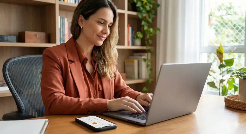 Mulher trabalhando no computador sobre a temática de folga compensatória, cláusulas da CLT e direitos trabalhistas