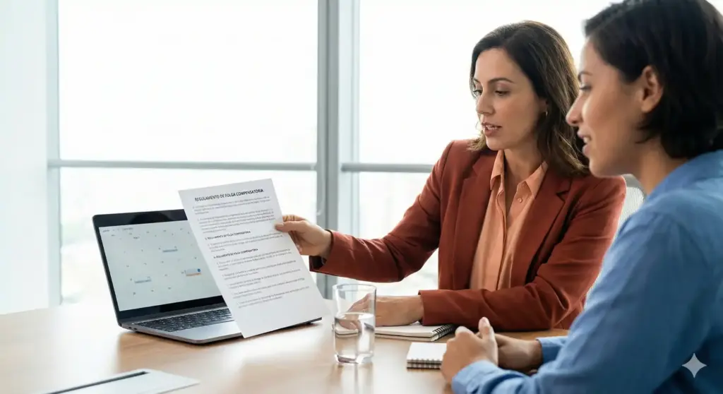 Duas mulheres discutindo sobre folga compensatória durante uma reunião de trabalho, com documento na mão e laptop aberto na mesa em ambiente de escritório.