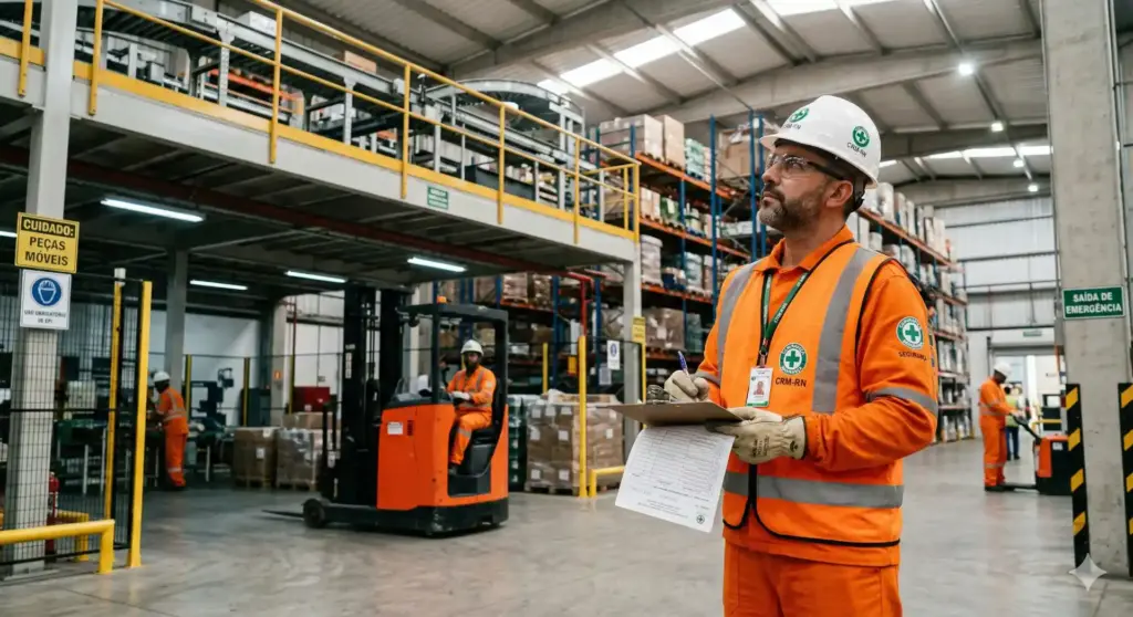 Funcionário de segurança do trabalho avaliando o Programa de Gerenciamento de Risco (PGR) em um armazém industrial, com prateleiras de produtos e operadores ao fundo.