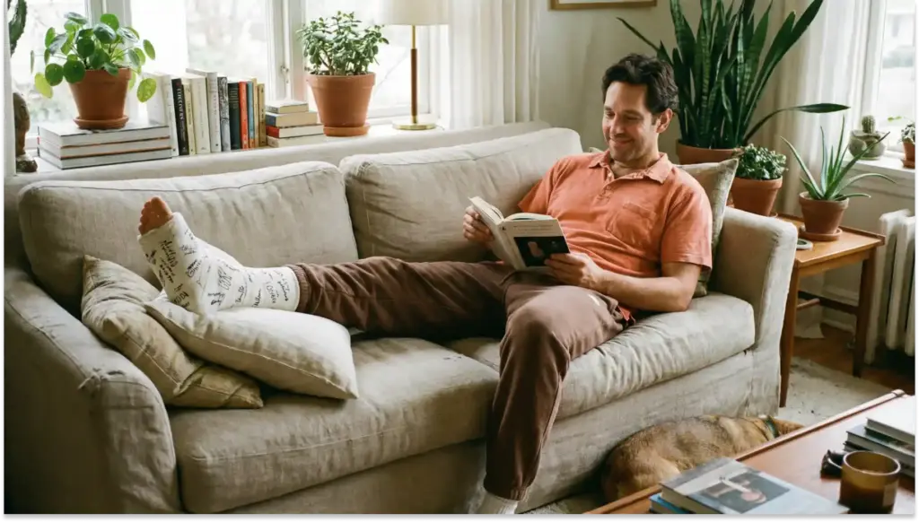 Homem relaxando no sofá da sala, lendo um livro, rodeado de plantas em ambientes acolhedores, prática de leitura para bem-estar em casa.