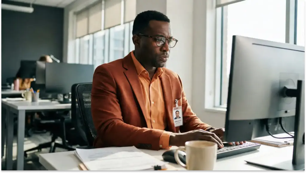Homem afrodescendente trabalhando em escritório moderno, usando óculos e blazer bege, concentrado em seu trabalho ao lado de computador.