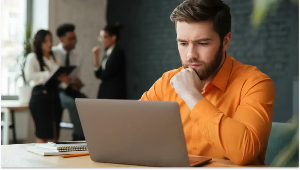 Homem pensativo usando laptop em escritório, enquanto colegas ao fundo conversam, representando trabalho, foco em liberar informes de rendimentos de 2025.