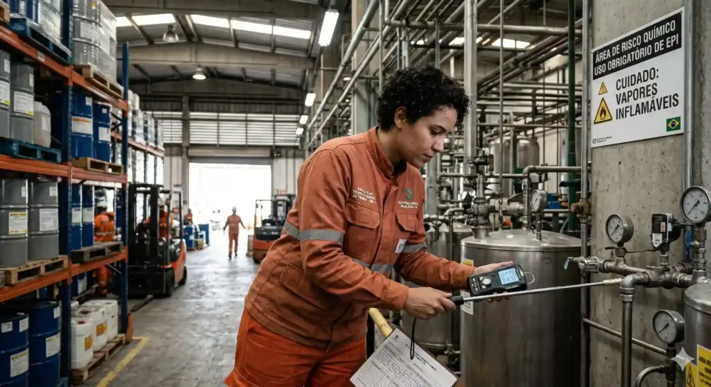 Técnica de inspeção em ambiente industrial para garantir conformidade com normas de segurança e qualidade do LTCAT, essencial para avaliações de risco ocupacional.