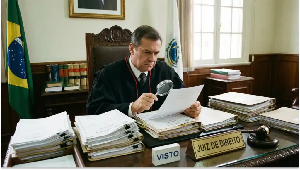 Juiz de direito analisando documentos em tribunal, simbolizando justiça e direito na atuação judicial.