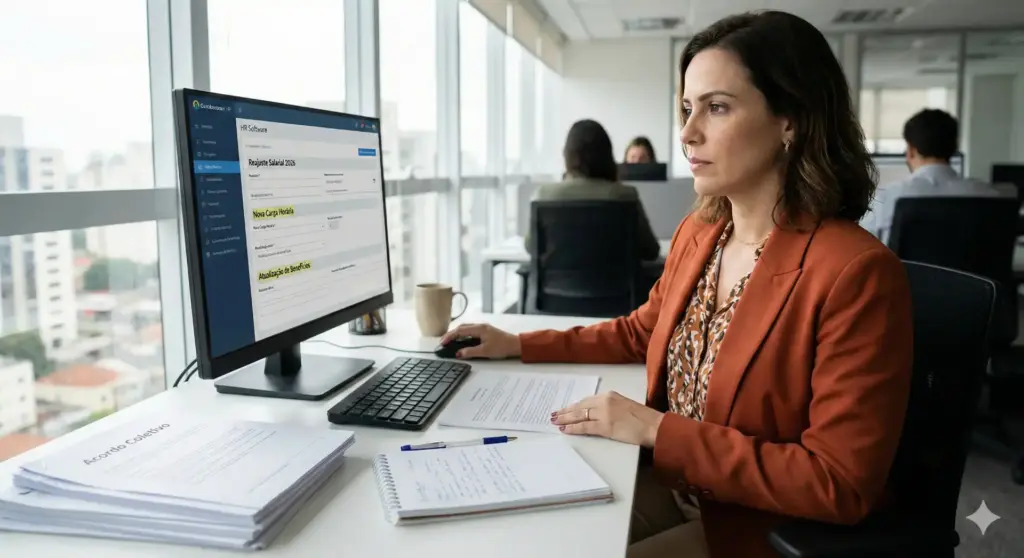 Mulher analisando documento de acordo coletivo de trabalho em escritório moderno, destacando regras e negociações trabalhistas.