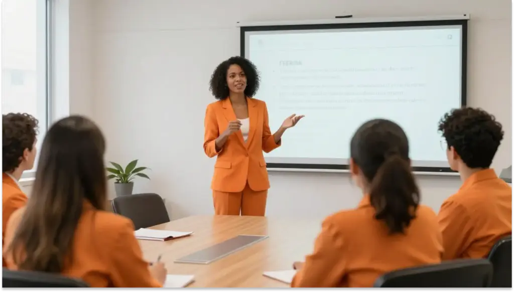 Mulher de terno laranja fazendo apresentação em sala de aula com alunos usando roupas iguais, ambiente de sala de aula moderna com projetor.