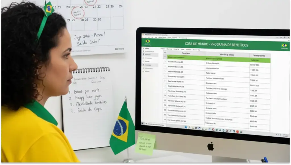 Mulher assistindo a uma planilha na tela do computador relacionada à Copa do Mundo e benefícios sociais, decorada com bandeira do Brasil. Cena de escritório com calendário e notas.